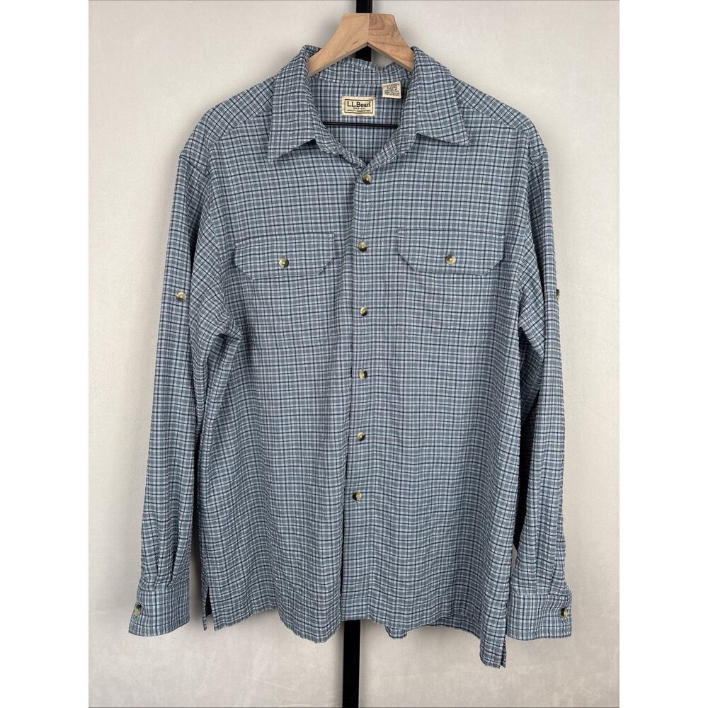L.L.‎ Bean Button Up Shirt Mens Large Vintage Blue Plaid Outdoors Classic Casual